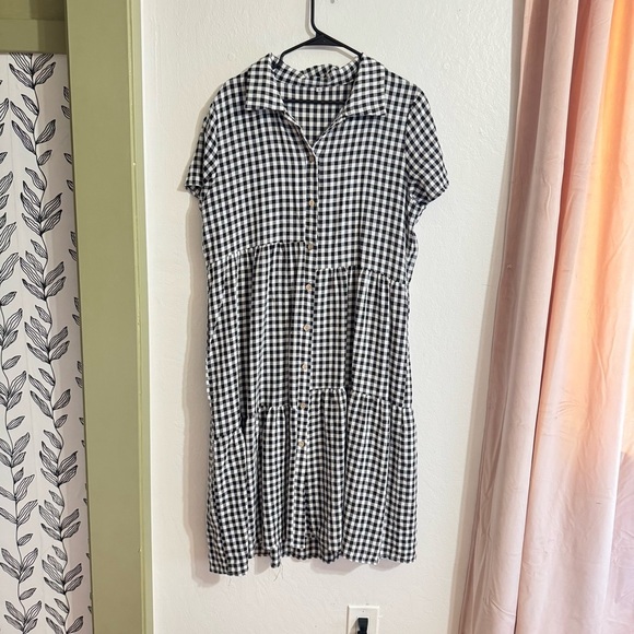 Black White Gingham Plaid Check Midi Button Down Tiered Dress XL - Picture 9 of 9